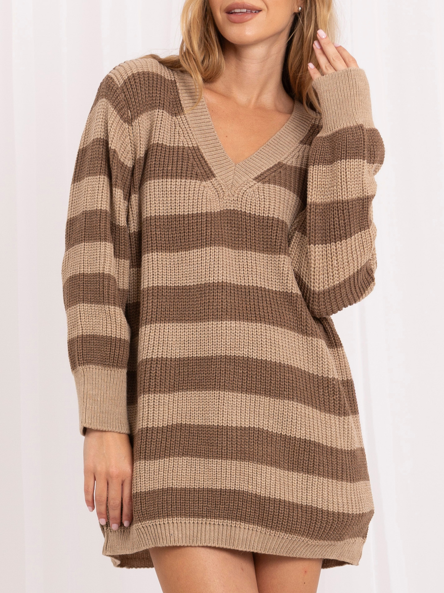 Hurt braun-beige längerer Oversize-Pullover mit Streifen RUE PARIS.