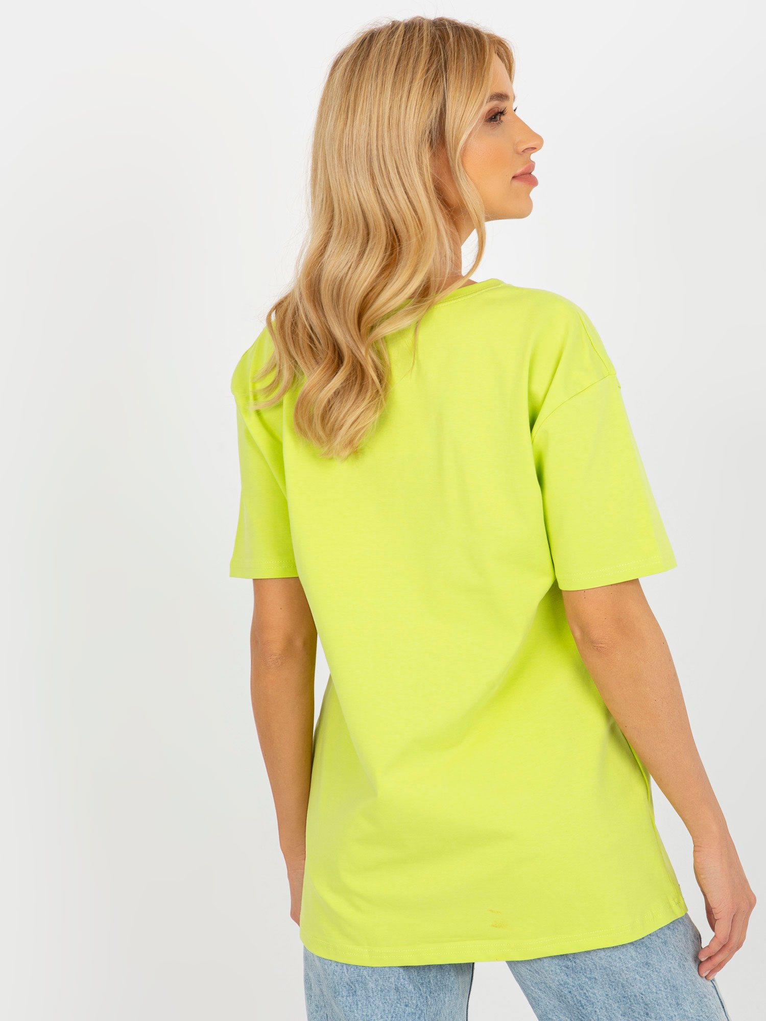 Limonkowy damski luźny t-shirt z napisem