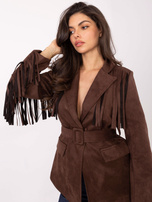 Brązowa zamszowa marynarka z frędzlami RUE PARIS  