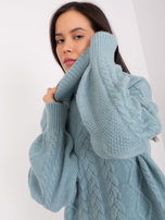 Hurt Miętowy sweter z warkoczami i ściągaczami