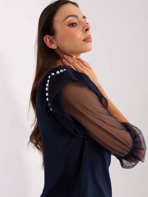 Hurt Granatowa bluzka wizytowa z rękawami z siateczki