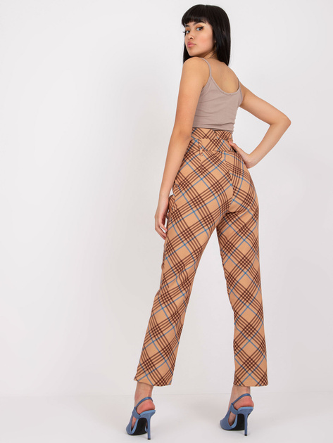 Beżowo-niebieskie spodnie materiałowe w kratę z paskiem