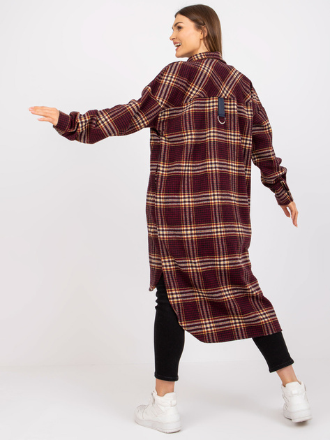Bordowo-żółta długa koszula w kratę z długim rękawem