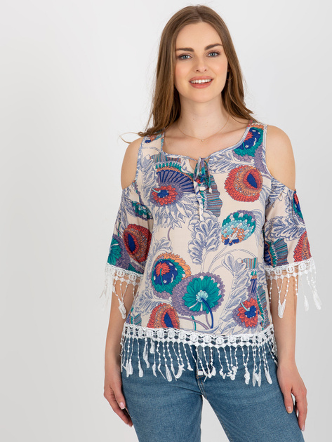 Hurt Beżowa bluzka z nadrukiem i odkrytymi ramionami