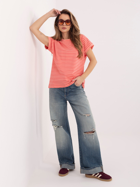 Brzoskwiniowo-czerwony bawełniany t-shirt w paski