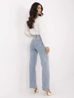 Blue long jeans with wide legs.