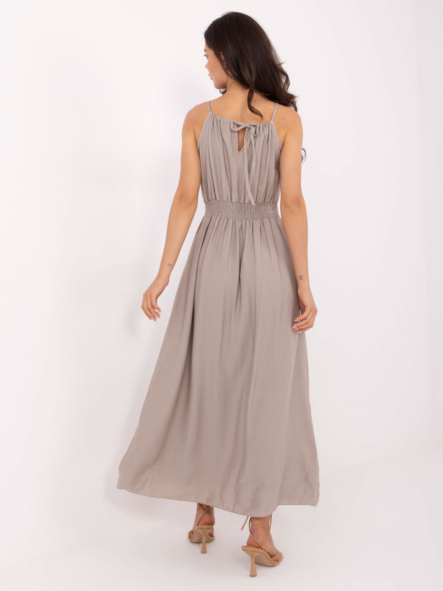 Dark beige flared summer dress.