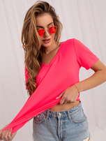 Fluo růžové dámské tričko basic s výstřihem do V RUE PARIS.