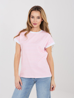 Fluo różowy bawełniany t-shirt w paski 