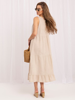Beige schwingendes Kleid mit Rüsche.