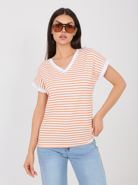 Biało-pomarańczowy bawełniany t-shirt w paski