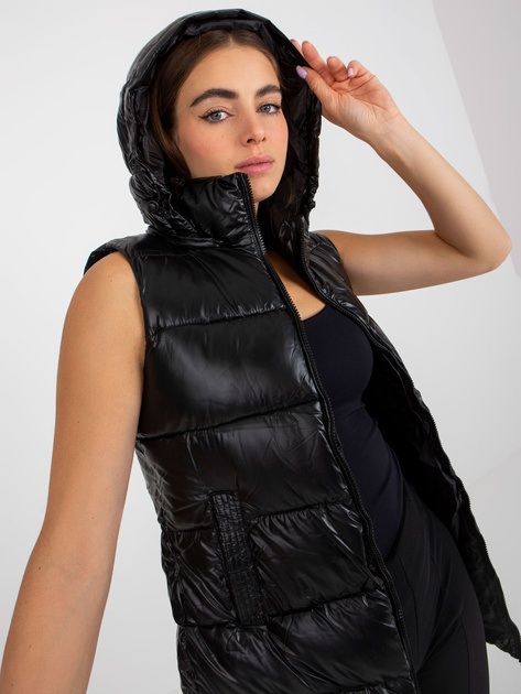Hurt Czarna lakierowana kamizelka puchowa z kapturem