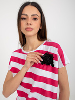 Hurt Biało-fuksjowa bluzka w paski z krótkim rękawem