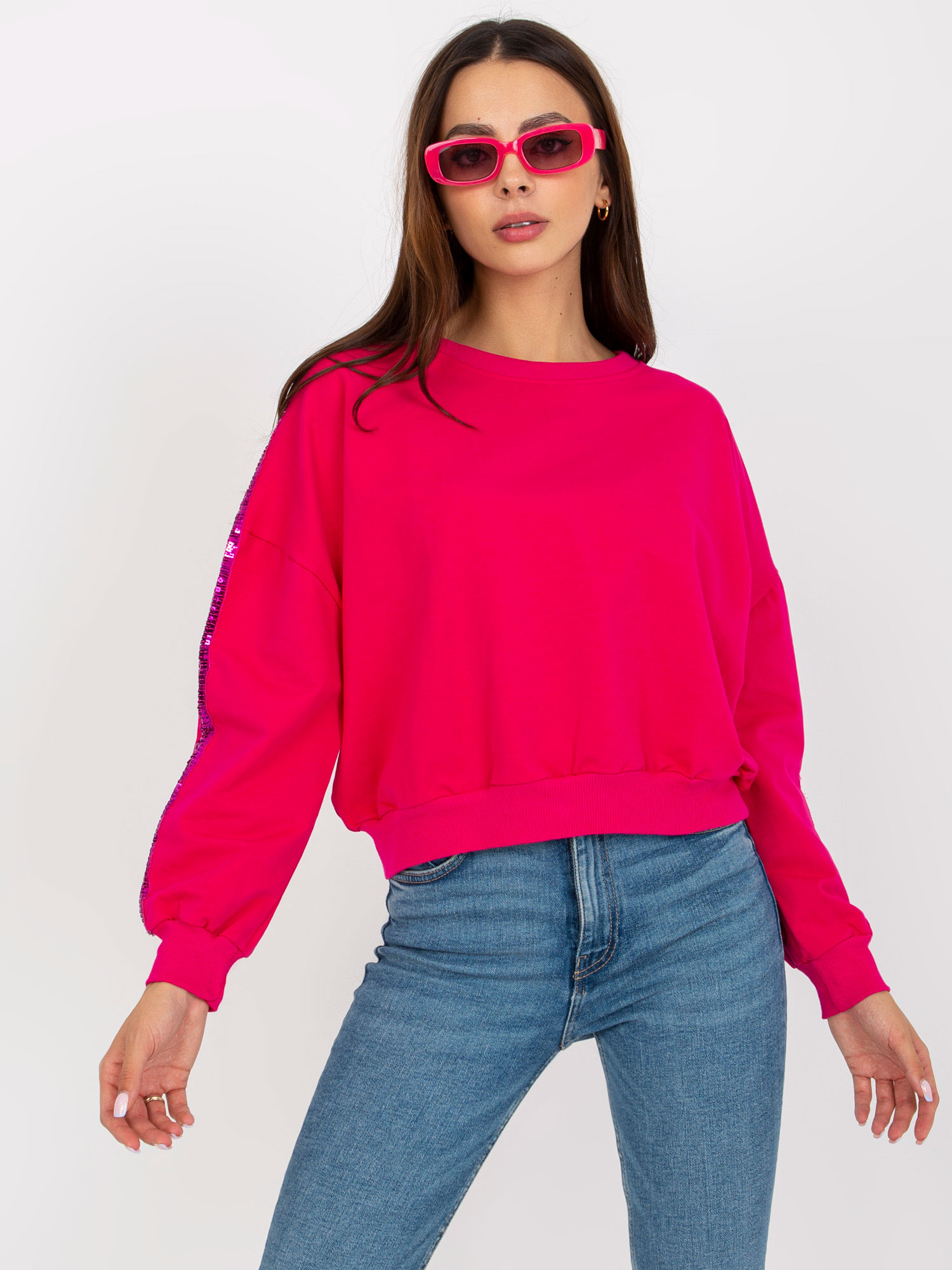 Hurt Fuksjowa krótka bluza bez kaptura z cekinami RUE PARIS 