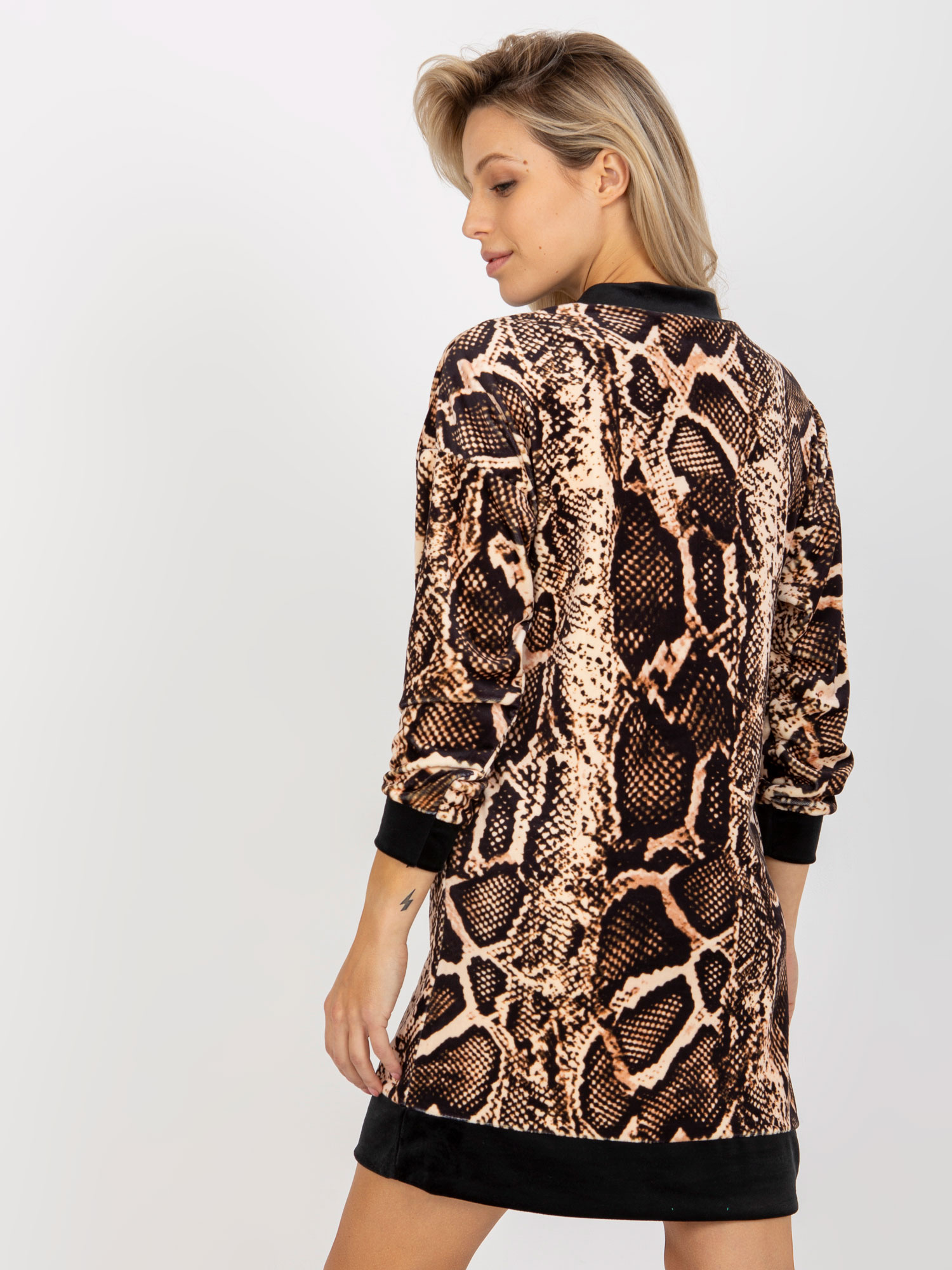 Hurt light beige-black velvet dress with RUE PARIS print.
