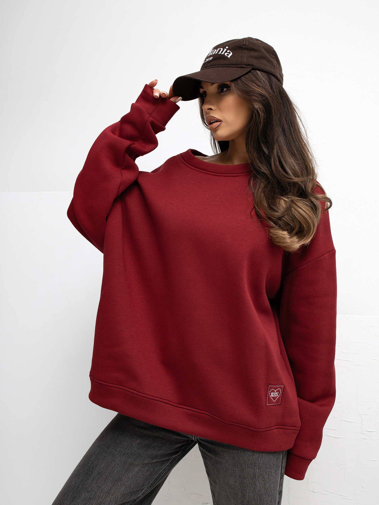 Bordowa ocieplana bluza bez kaptura RUE PARIS