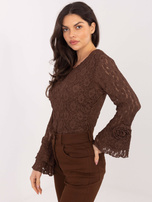 Czekoladowa elegancka bluzka z koronki