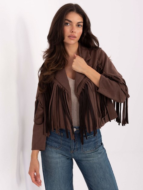Brązowa zamszowa kurtka z frędzlami RUE PARIS