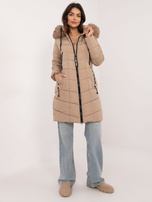 Hurt Beżowa długa kurtka zimowa ze ściągaczami