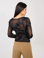 Black mesh blouse with long sleeves.