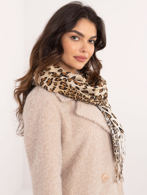 Hurt Beżowo-camelowy damski szal w panterkę