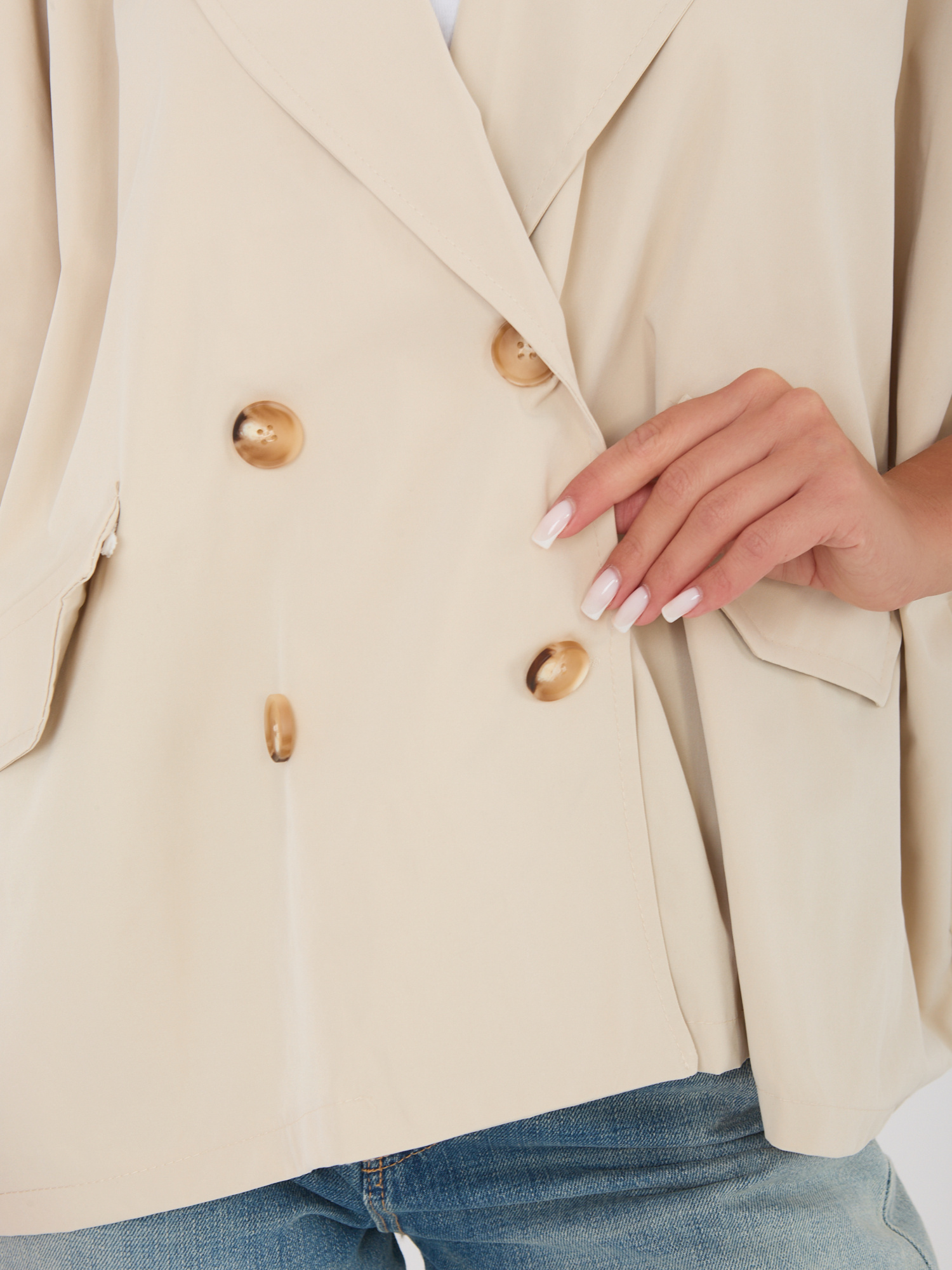 Beżowy dwurzędowy płaszcz z podszewką RUE PARIS 