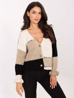 Ecru-czarny rozpinany sweter z wełną RUE PARIS