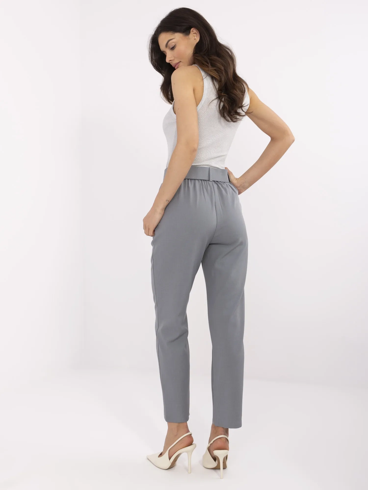 Dark gray high-waisted fabric pants.