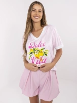 Pink and white blouse with lemon print.
