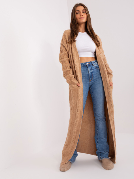 Hurtownia Camelowy długi kardigan z warkoczami