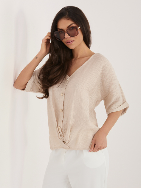 Beżowa letnia bluzka z zapięciem na guziki