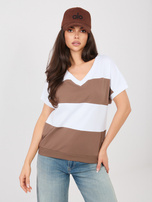 Biało-brązowa bawełniana bluzka z dekoltem V