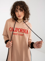 Hurt Beżowa długa bluza oversize z kapturem i napisem 