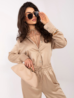 Beżowy satynowy komplet z koszulą i spodniami