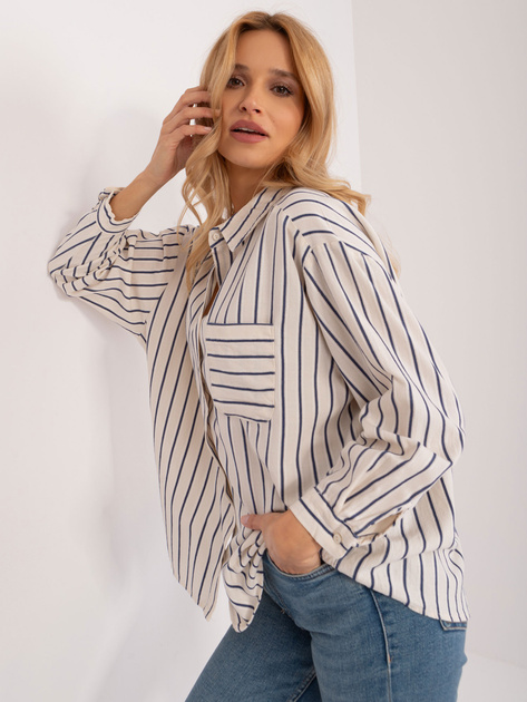 Hurt Kremowo-granatowa rozpinana koszula oversize z kieszenią