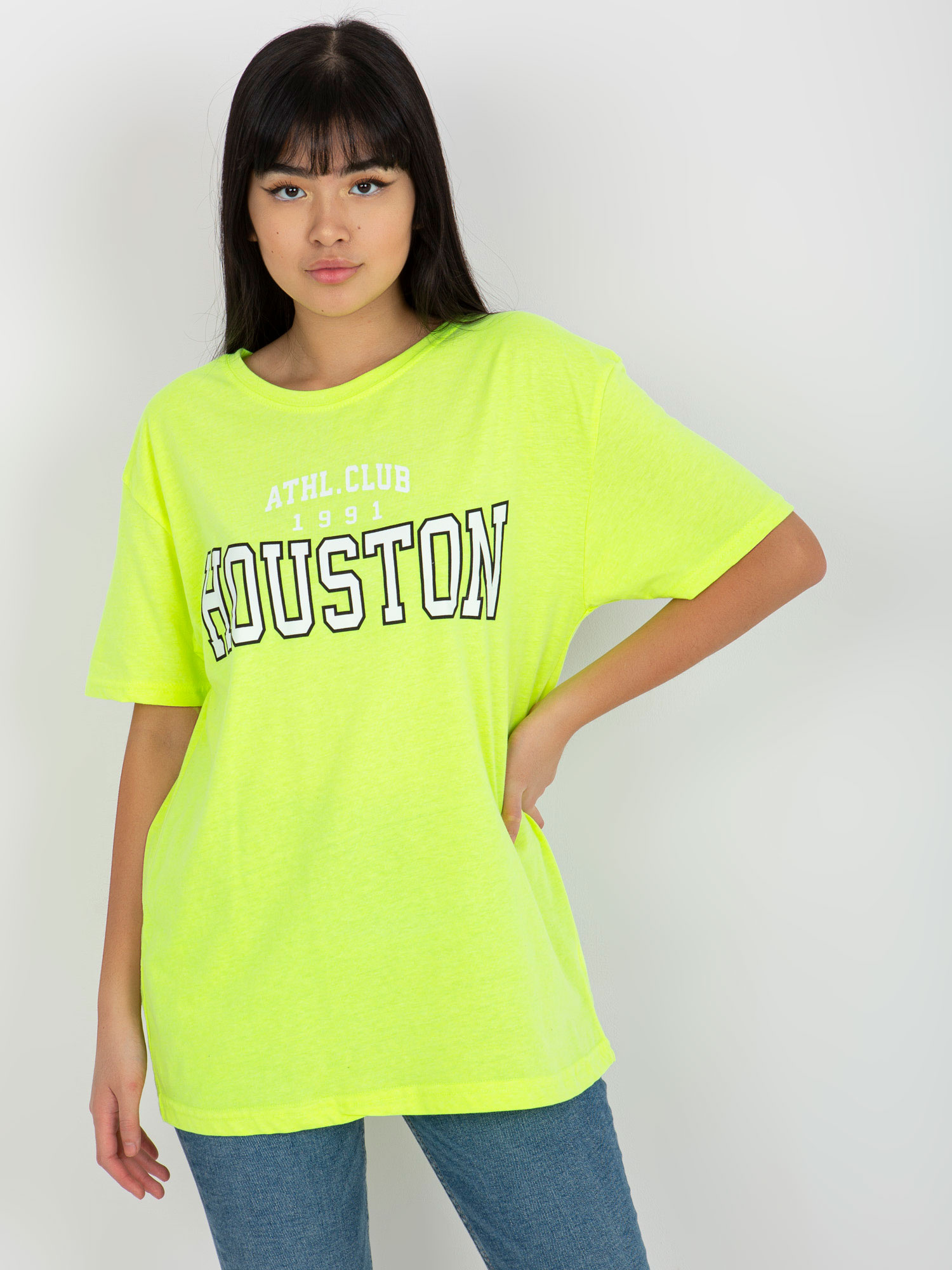 Fluo żółty luźny damski t-shirt z nadrukiem