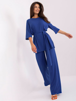 Hurt Kobaltowy prążkowany komplet casualowy z paskiem