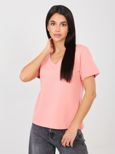 Brzoskwiniowy t-shirt basic z dekoltem V RUE PARIS