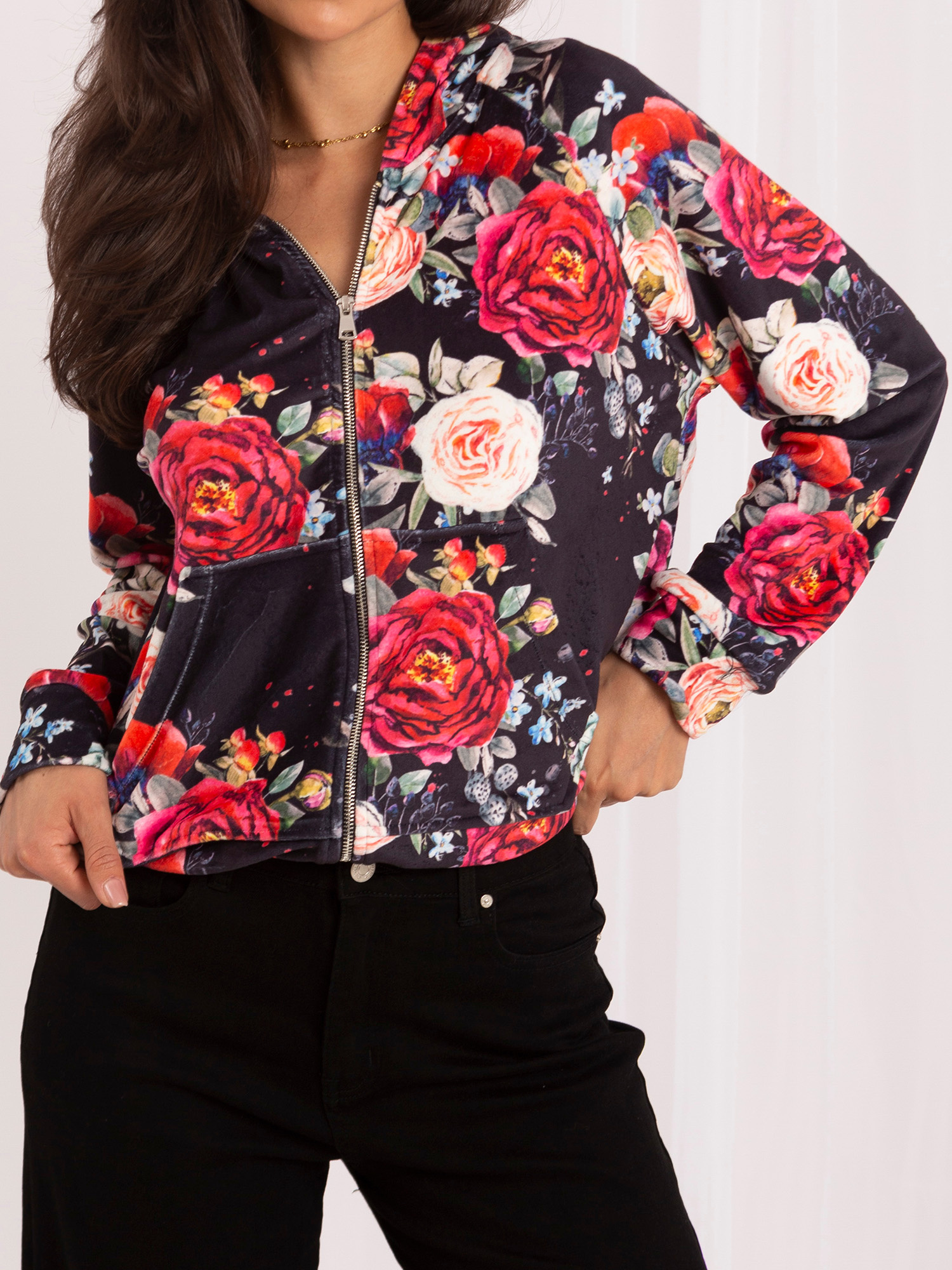 Großhandel Schwarze Veloursjacke mit Druck RUE PARIS.