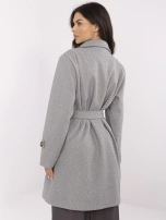 White-dark gray double-breasted coat with pockets.