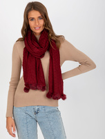 Hurt Bordowy szal dzianinowy z pomponami