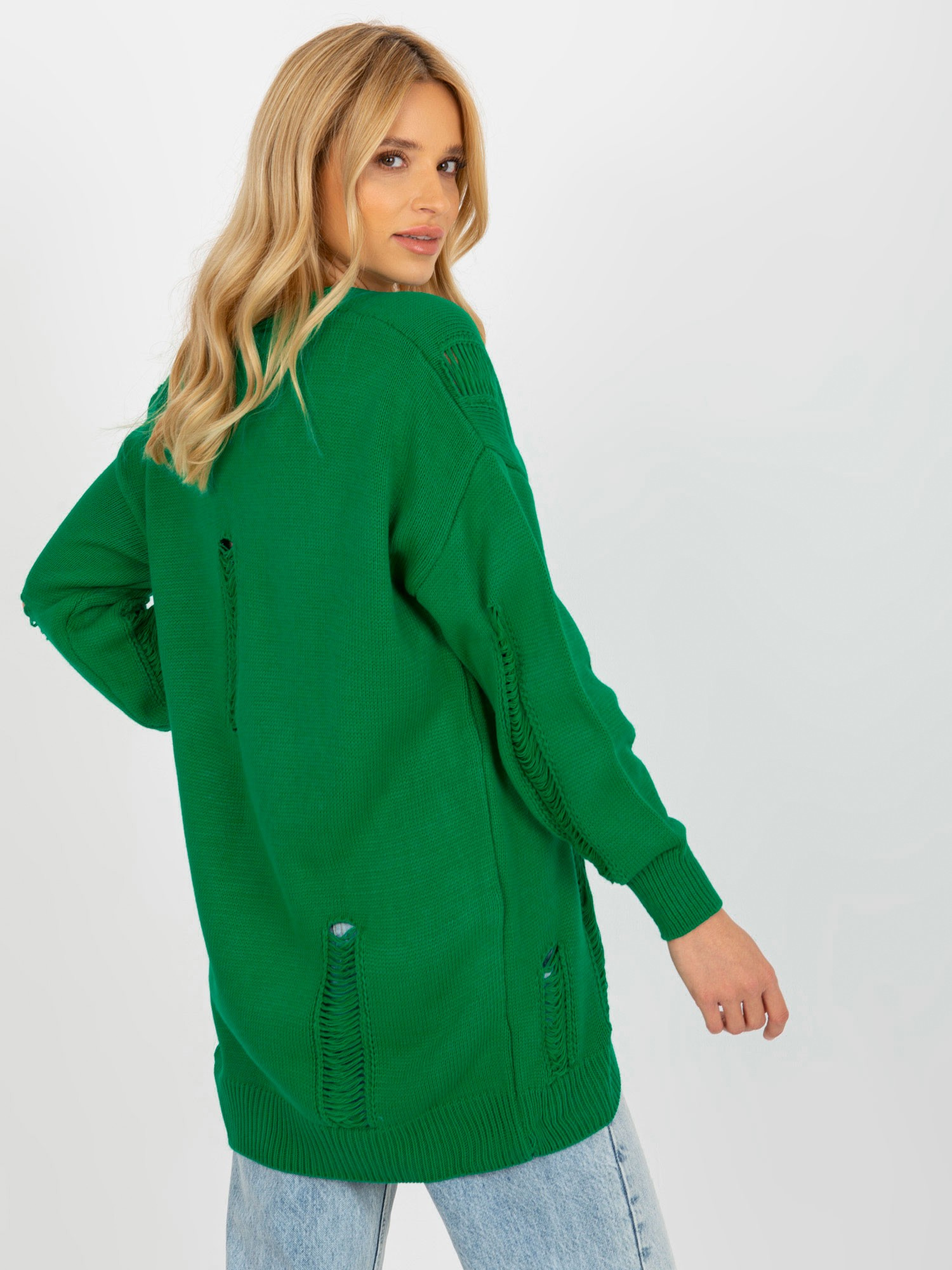 Zielony sweter rozpinany oversize z dziurami RUE PARIS
