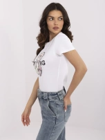 Ecru-różowy damski t-shirt z bawełny 