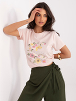 Jasnoróżowy damski t-shirt z kwiatowym haftem