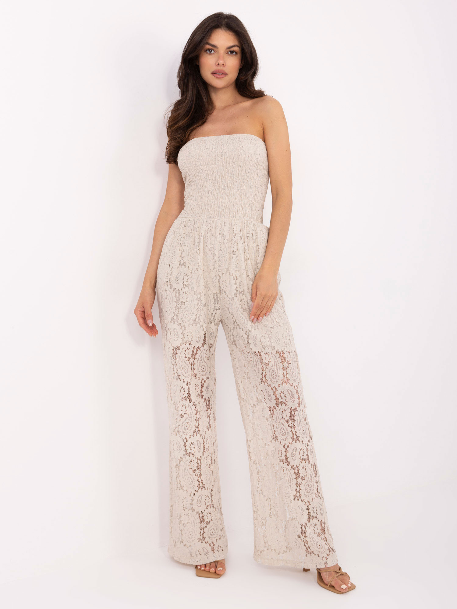 Beige lace jumpsuit with lining.
