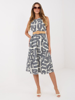 Navy blue flared sleeveless dress.