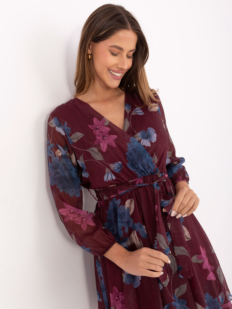 Bordowa rozkloszowana sukienka w kwiaty