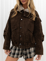 Brown jacket with a suede effect and decorative belt.