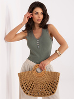 Khaki top with buttons at the neckline.