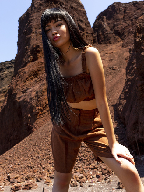 Brązowy letni komplet z bermudami RUE PARIS